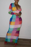Vestidos de falda de un paso con cuello en V de patchwork con estampado sexy de color caqui