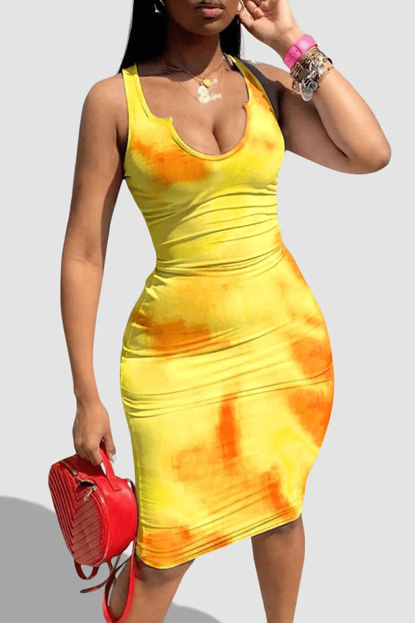 ゴールドファッションセクシープリントベーシックUネックベストドレス
