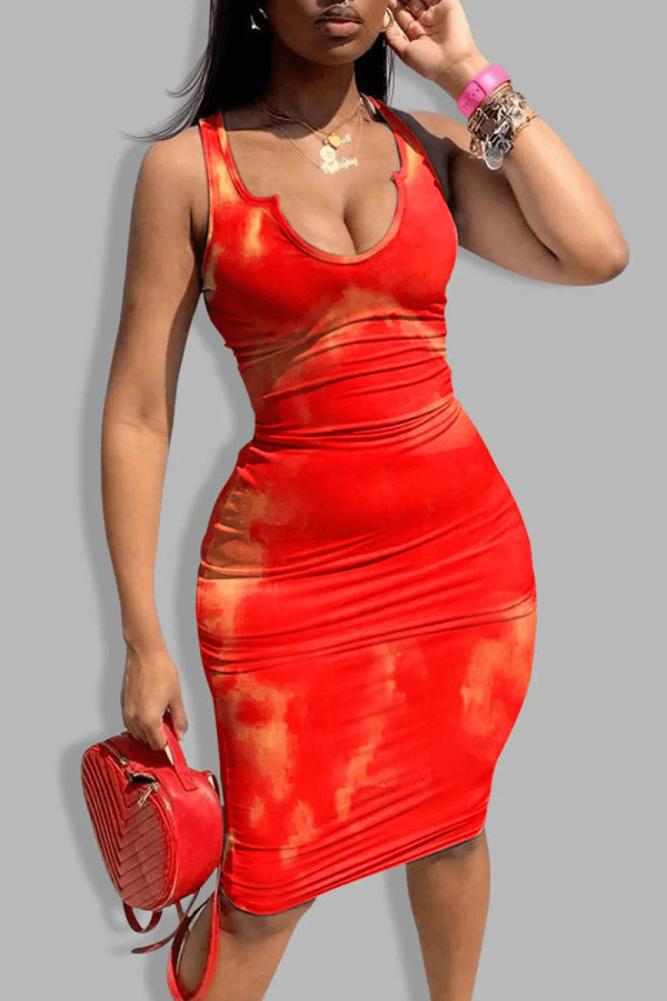 Красное модное сексуальное базовое платье с U-образным вырезом и принтом
