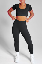 Черный Повседневная спортивная одежда Однотонный Пэчворк О-образный вырез С короткими рукавами Из двух частей
