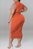 オレンジレッドカジュアルプリント包帯パッチワークVネックワンステップスカートプラスサイズのドレス