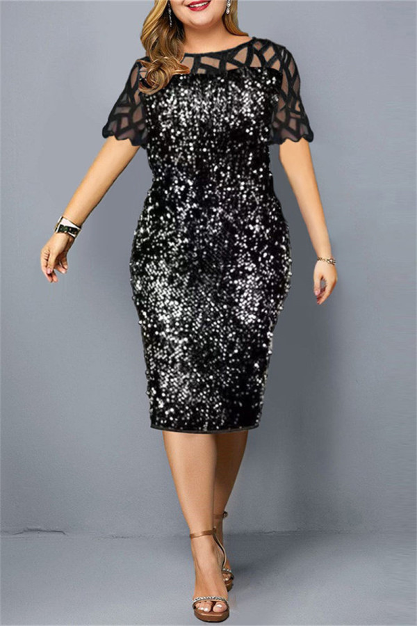 Svart Silver Mode Patchwork Plus Size Paljetter Genomskinlig O-ringad kortärmad klänning