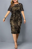 ブラック ゴールド ファッション パッチワーク プラス サイズ スパンコール シースルー O ネック半袖ドレス