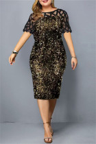 Svart guld Mode Patchwork Plus Size Paljetter Genomskinlig O-ringad kortärmad klänning