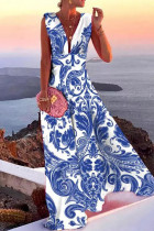 ロイヤル ブルー ファッション プリント パッチワーク V ネック ストレート ドレス
