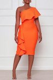 Naranja elegante sólido patchwork volante cuello oblicuo un paso falda vestidos