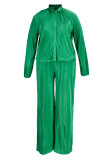 Green Casual Solid Patchwork Buckle Turndown Collar Long Sleeve Two Pieces