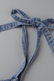 Ковбойские синие повседневные сладкие однотонные повязки в стиле пэчворк с воланами на бретельках без рукавов свободные джинсовые платья