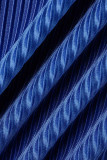 Blauer, lässiger, fester Patchwork-Schnallen-Umlegekragen mit langen Ärmeln, zweiteilig