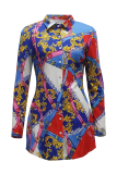 Robe chemise à col rabattu et imprimé patchwork à la mode bleue Robes