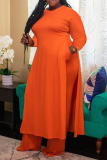 Tangerine Red Casual Solid Slit O Neck Plus Size Zweiteiler