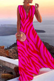 ローズレッドファッションプリントパッチワークVネックストレートドレス