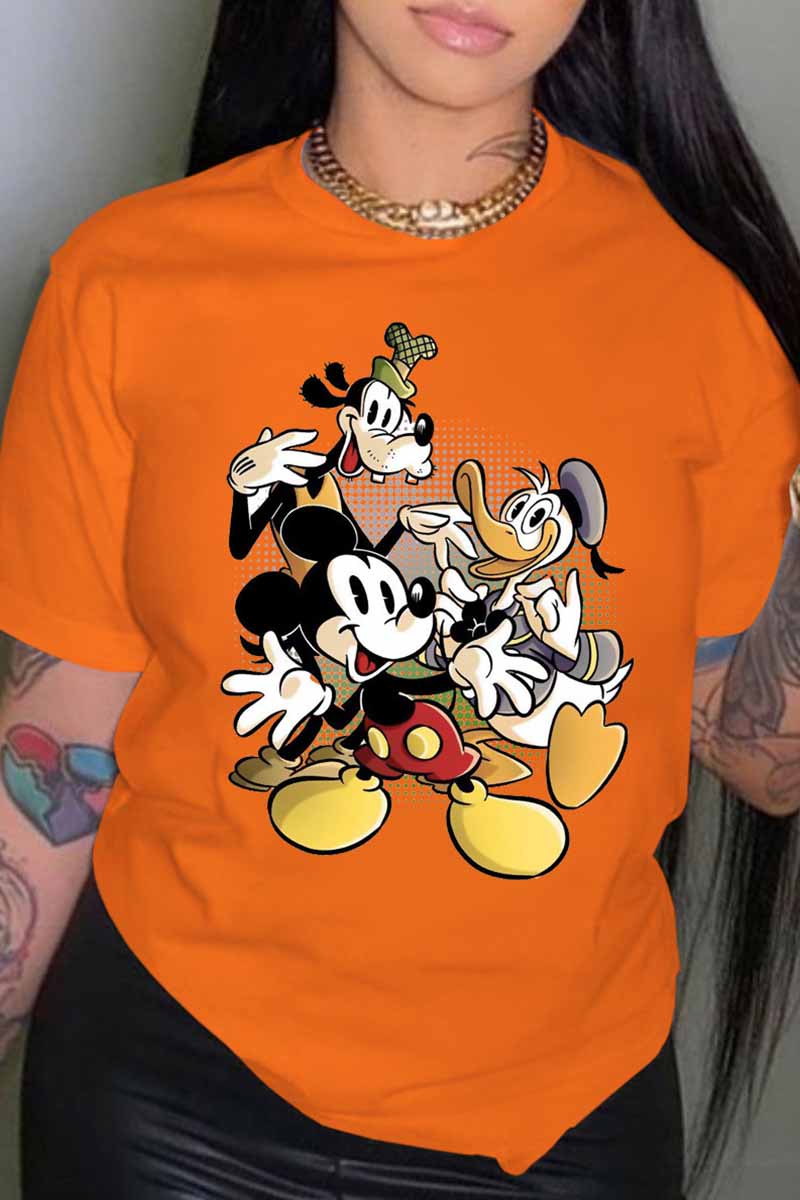 

Orange Fashion Street Character Patchwork O Neck T-Shirts