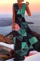 グリーン ファッション プリント パッチワーク V ネック ストレート ドレス
