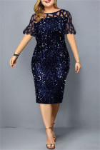 Темно-синее модное лоскутное платье больших размеров с блестками и круглым вырезом, прозрачное платье с короткими рукавами