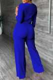 ブルー ファッション カジュアル ソリッド パッチワーク ターンダウン カラー レギュラー ジャンプスーツ