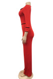 Red Fashion Casual Solid Patchwork Turndown Collar Regular Jumpsuits