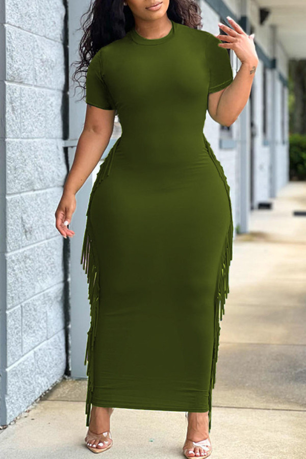 グリーン カジュアル ソリッド タッセル パッチワーク Oネック ワンステップ スカート ドレス