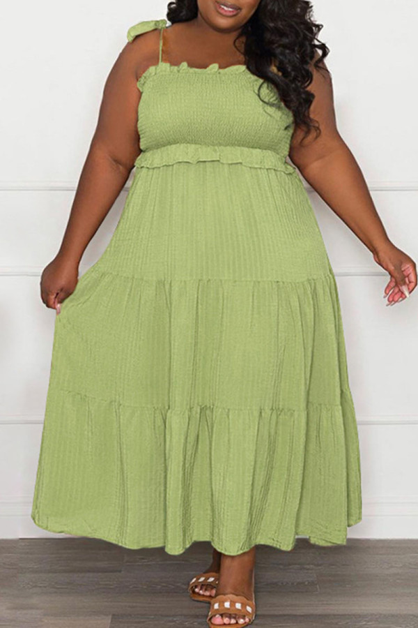 Vestido verde-claro casual doce sólido curativo patchwork dobra espaguete com alça de espaguete vestidos de tamanho grande