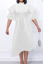 ホワイトエレガントソリッドパッチワークフラウンスOネックイブニングドレスドレス