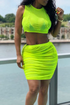 Fluorescent Green Sexy Solid Patchwork See-through O Neck Sleeveless Two Pieces
