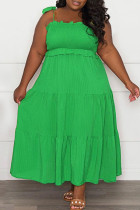 Зеленое повседневное сладкое однотонное бандажное платье в стиле пэчворк со складками на тонких бретельках Платья больших размеров