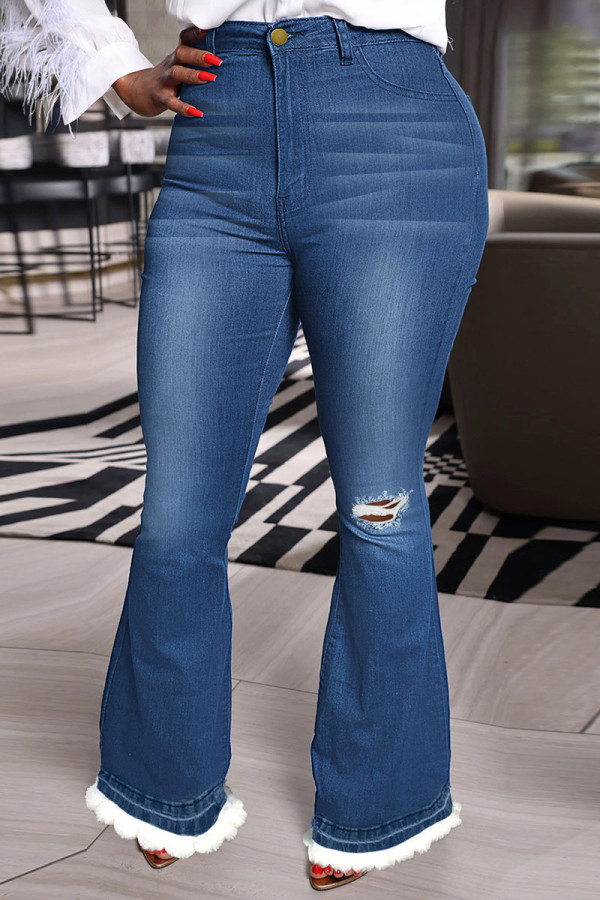 Donkerblauwe casual effen gescheurde patchwork hoge taille denim jeans