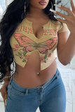 T-shirts kaki sexy à imprimé papillon et fente à col en V