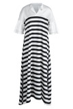 White Casual Street Striped Print Patchwork Mandarin Collar Straight Dresses