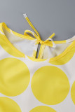 Желтые повседневные платья в горошек с принтом и круглым вырезом в стиле пэчворк