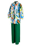 Roxo verde moda casual estampa patchwork fivela gola manga longa duas peças