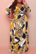 Yellow Casual Print Patchwork With Belt V Neck Straight Plus Size Dresses
