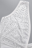 Белое модное сексуальное лоскутное горячее сверление, выдолбленное асимметричное платье с V-образным вырезом и длинным рукавом