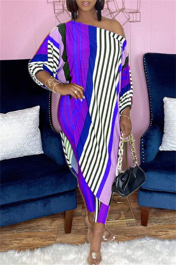 azul púrpura moda casual estampado patchwork asimétrico cuello oblicuo más tamaño dos piezas