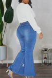 Diepblauwe casual jeans met patchwork in grote maten