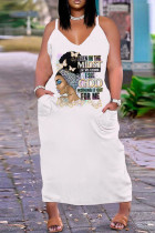 ホワイトゴールドセクシーカジュアルプラスサイズプリントバックレスVネックスリングドレス