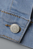 Giacca di jeans regolare a mezza manica con colletto rovesciato blu moda casual con stampa lettera patchwork perline
