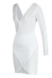 Weißes Mode-reizvolles Patchwork-heißes Bohren ausgehöhlte asymmetrische V-Ausschnitt-lange Hülsen-Kleider