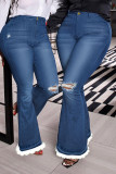 Dunkelblaue, lässige, feste, zerrissene Patchwork-Jeans mit hoher Taille