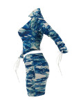 Azul sexy estampado vendaje patchwork asimétrico medio cuello alto manga larga dos piezas