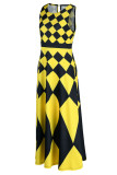 Gelbes, modisches, lässiges, ärmelloses Patchwork-Kleid mit O-Ausschnitt