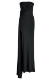 ブラックファッションセクシーなソリッドパッチワークバックレススリットストラップレスイブニングドレス