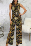 Yellow Casual Print Patchwork Buckle Mandarin Collar Straight Jumpsuits