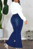 Djupblå Casual Street Print Patchwork jeans i plusstorlek