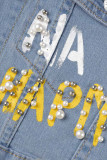 Jaqueta jeans casual moda casual estampa de letras patchwork miçangas gola meia manga normal
