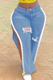 Schwarze, einfarbige, zerrissene Patchwork-Jeans mit Schlitz und hoher Taille