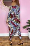 Estampa de leopardo moda casual estampa patchwork assimétrica gola oblíqua plus size duas peças