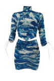 Azul sexy estampado vendaje patchwork asimétrico medio cuello alto manga larga dos piezas