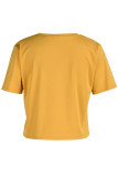 Camisetas amarelas com estampa casual patchwork decote oco