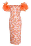 Orange Fashion Sexy Print Patchwork Slit Off the Shoulder Evening Dress